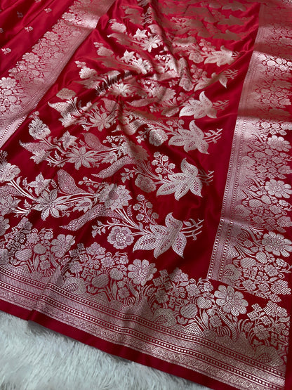 Crimson Red Katan Silk Banarasi Saree with Fine Antique Copper Zari Arch-Bell Jhallar Border