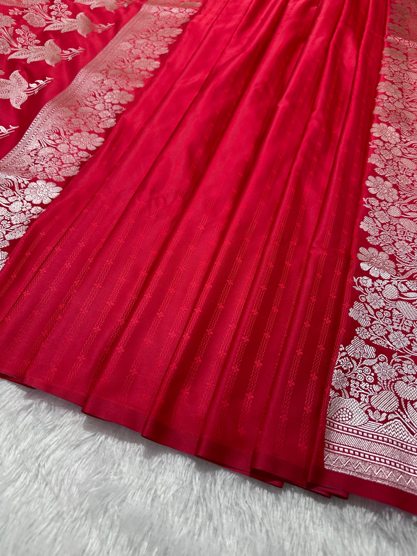 Crimson Red Katan Silk Banarasi Saree with Fine Antique Copper Zari Arch-Bell Jhallar Border