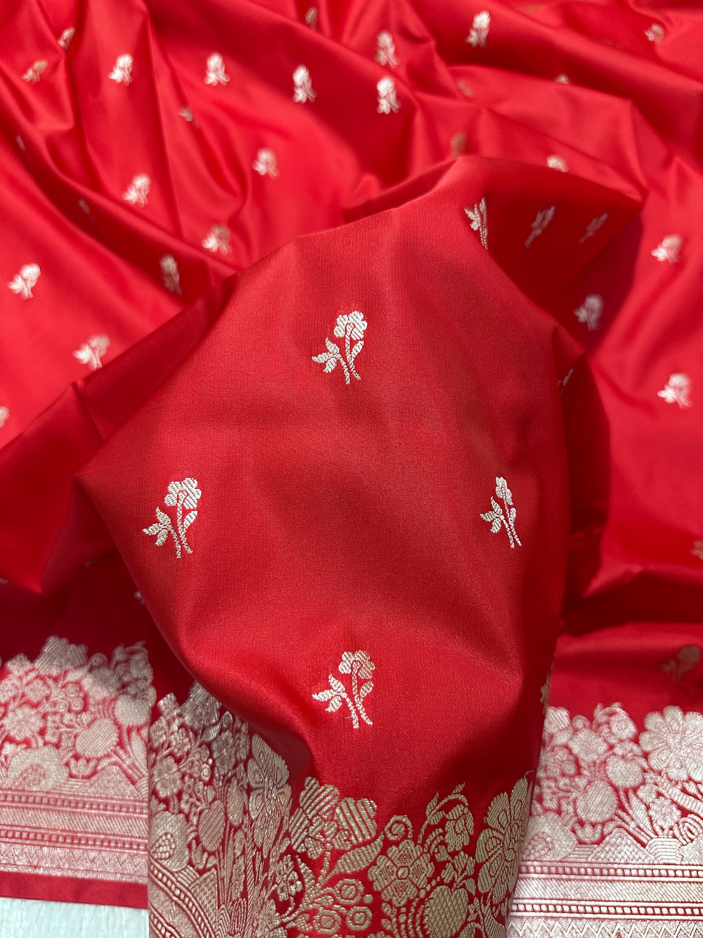 Crimson Red Katan Silk Banarasi Saree with Fine Antique Copper Zari Arch-Bell Jhallar Border