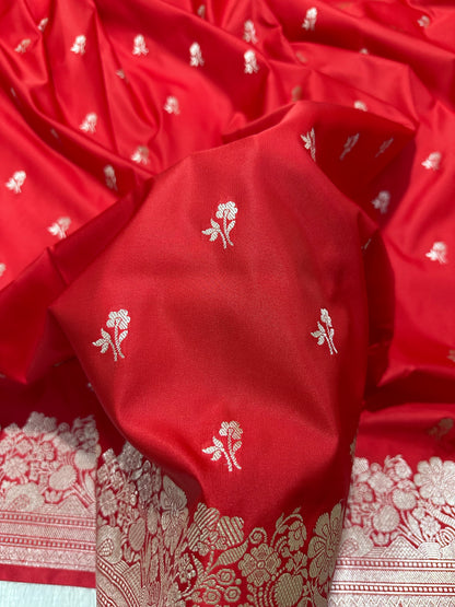 Crimson Red Katan Silk Banarasi Saree with Fine Antique Copper Zari Arch-Bell Jhallar Border