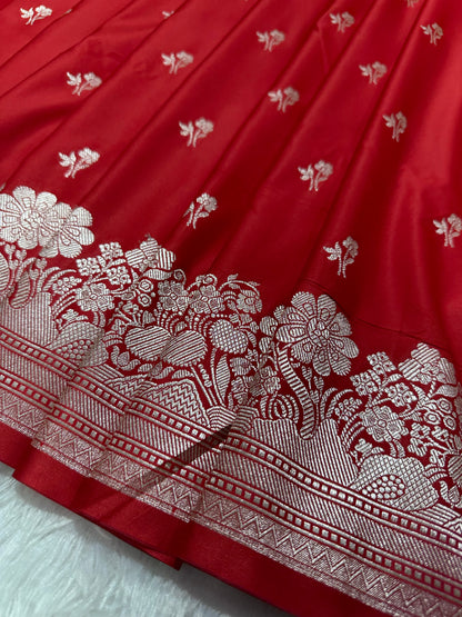 Crimson Red Katan Silk Banarasi Saree with Fine Antique Copper Zari Arch-Bell Jhallar Border