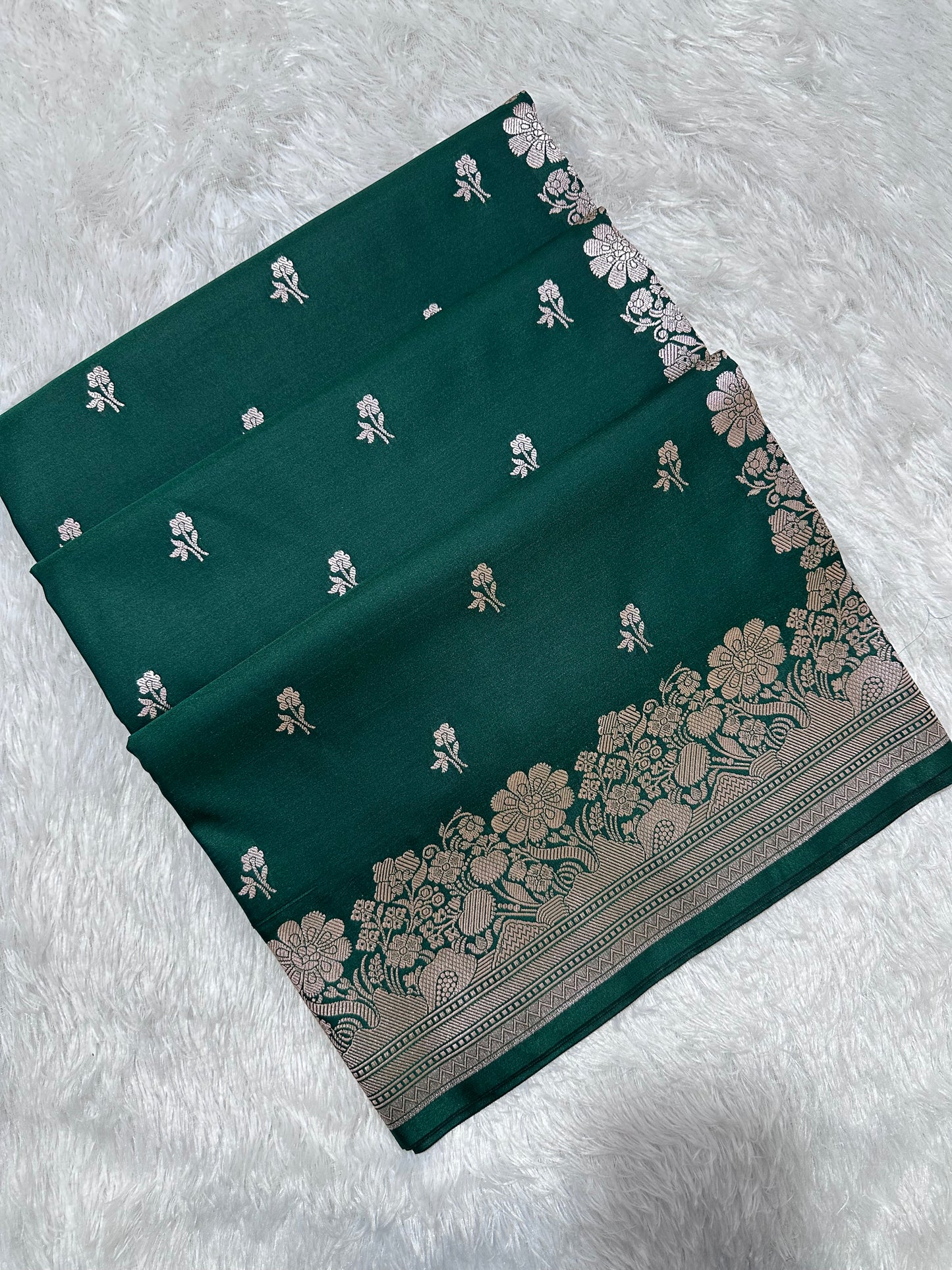 Bottle Green Katan Silk Banarasi Saree with Fine Antique Copper Zari Arch-Bell Jhallar Border