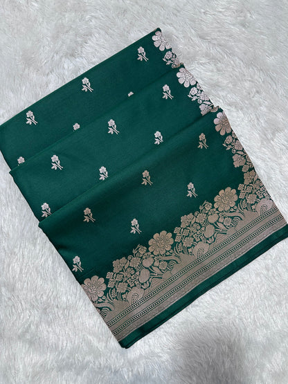 Bottle Green Katan Silk Banarasi Saree with Fine Antique Copper Zari Arch-Bell Jhallar Border