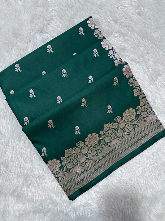 Bottle Green Katan Silk Banarasi Saree with Fine Antique Copper Zari Arch-Bell Jhallar Border
