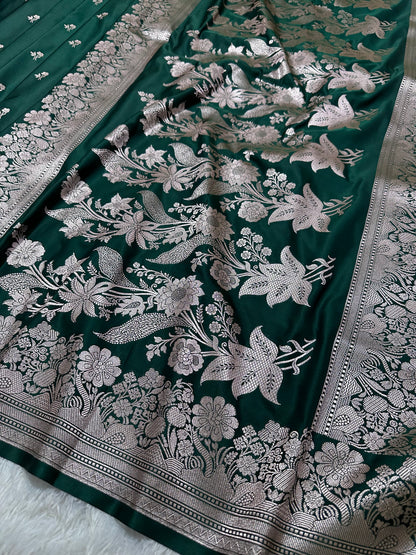 Bottle Green Katan Silk Banarasi Saree with Fine Antique Copper Zari Arch-Bell Jhallar Border