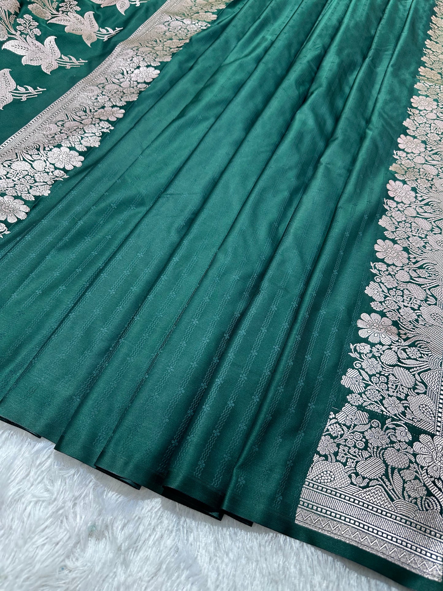 Bottle Green Katan Silk Banarasi Saree with Fine Antique Copper Zari Arch-Bell Jhallar Border