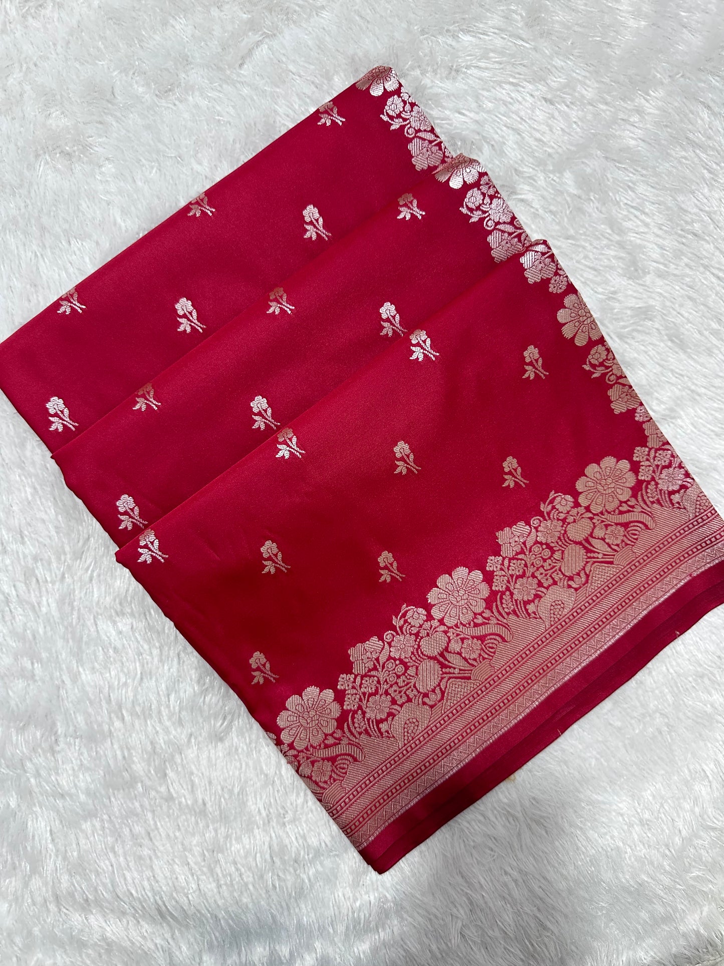 Bridal Crimson Red Katan Silk Banarasi Saree with Fine Antique Copper Zari Arch-Bell Jhallar Border