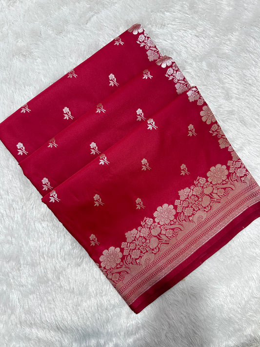 Bridal Crimson Red Katan Silk Banarasi Saree with Fine Antique Copper Zari Arch-Bell Jhallar Border