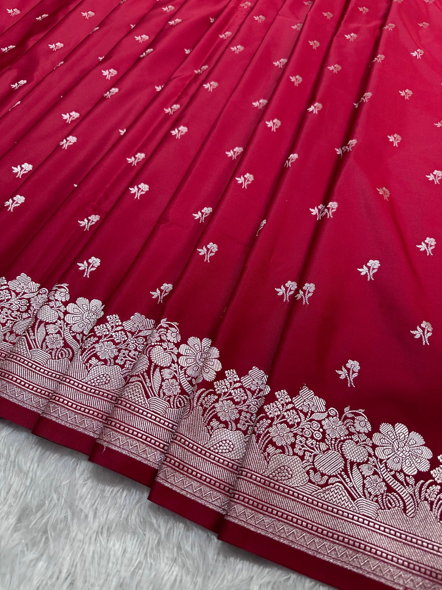Bridal Crimson Red Katan Silk Banarasi Saree with Fine Antique Copper Zari Arch-Bell Jhallar Border