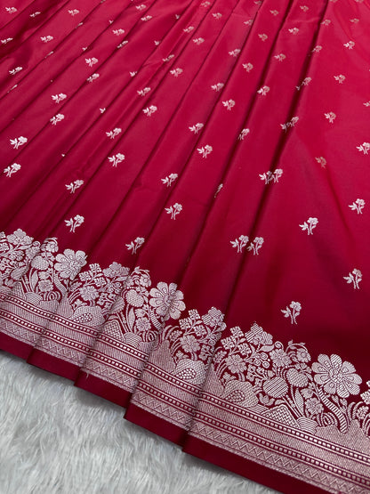Bridal Crimson Red Katan Silk Banarasi Saree with Fine Antique Copper Zari Arch-Bell Jhallar Border