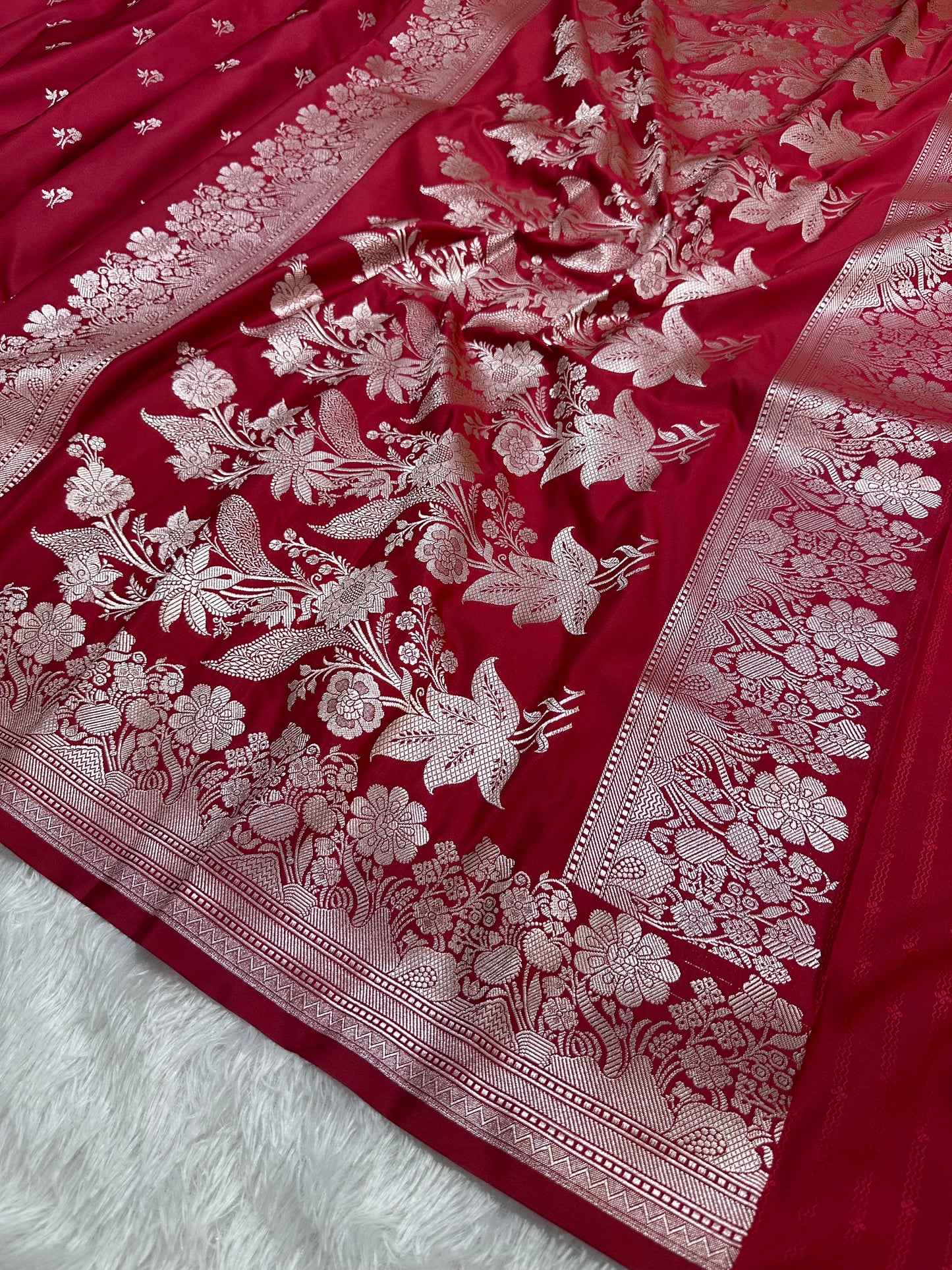 Bridal Crimson Red Katan Silk Banarasi Saree with Fine Antique Copper Zari Arch-Bell Jhallar Border