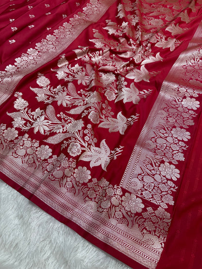 Bridal Crimson Red Katan Silk Banarasi Saree with Fine Antique Copper Zari Arch-Bell Jhallar Border