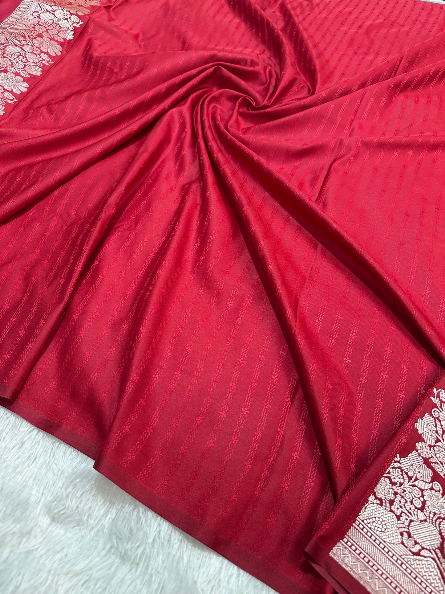 Bridal Crimson Red Katan Silk Banarasi Saree with Fine Antique Copper Zari Arch-Bell Jhallar Border