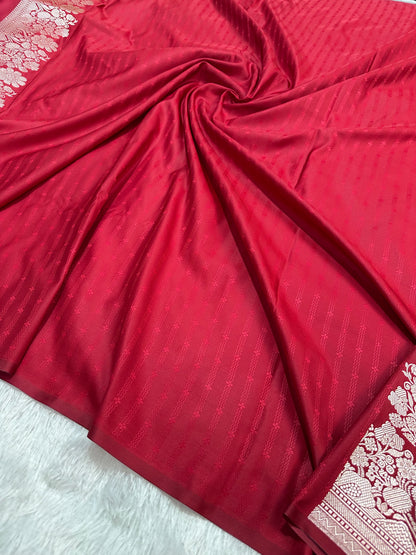 Bridal Crimson Red Katan Silk Banarasi Saree with Fine Antique Copper Zari Arch-Bell Jhallar Border