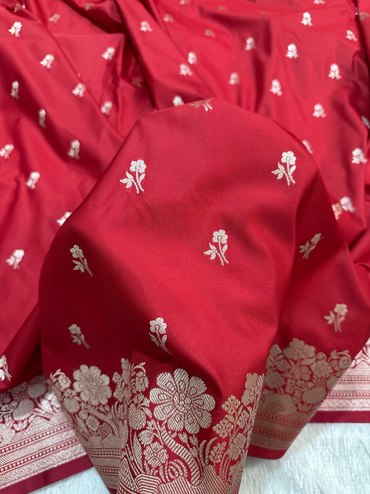 Bridal Crimson Red Katan Silk Banarasi Saree with Fine Antique Copper Zari Arch-Bell Jhallar Border