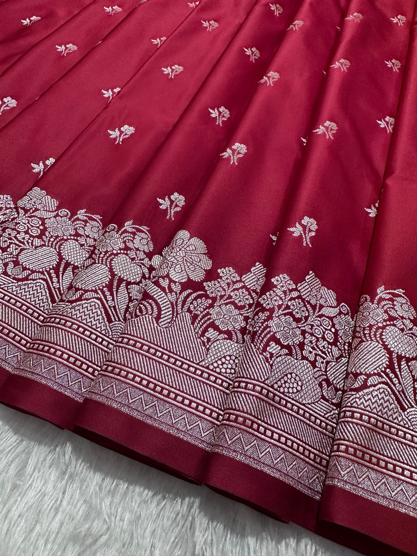 Bridal Crimson Red Katan Silk Banarasi Saree with Fine Antique Copper Zari Arch-Bell Jhallar Border