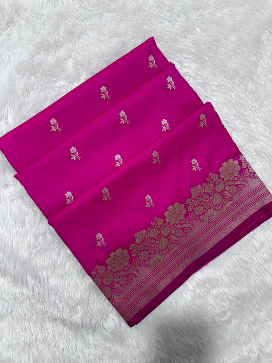 Magenta Pink Katan Silk Banarasi Saree with Fine Antique Copper Zari Arch-Bell Jhallar Border
