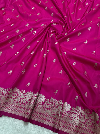 Magenta Pink Katan Silk Banarasi Saree with Fine Antique Copper Zari Arch-Bell Jhallar Border