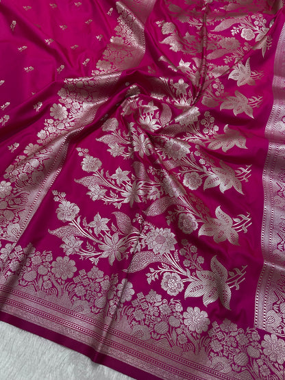 Magenta Pink Katan Silk Banarasi Saree with Fine Antique Copper Zari Arch-Bell Jhallar Border