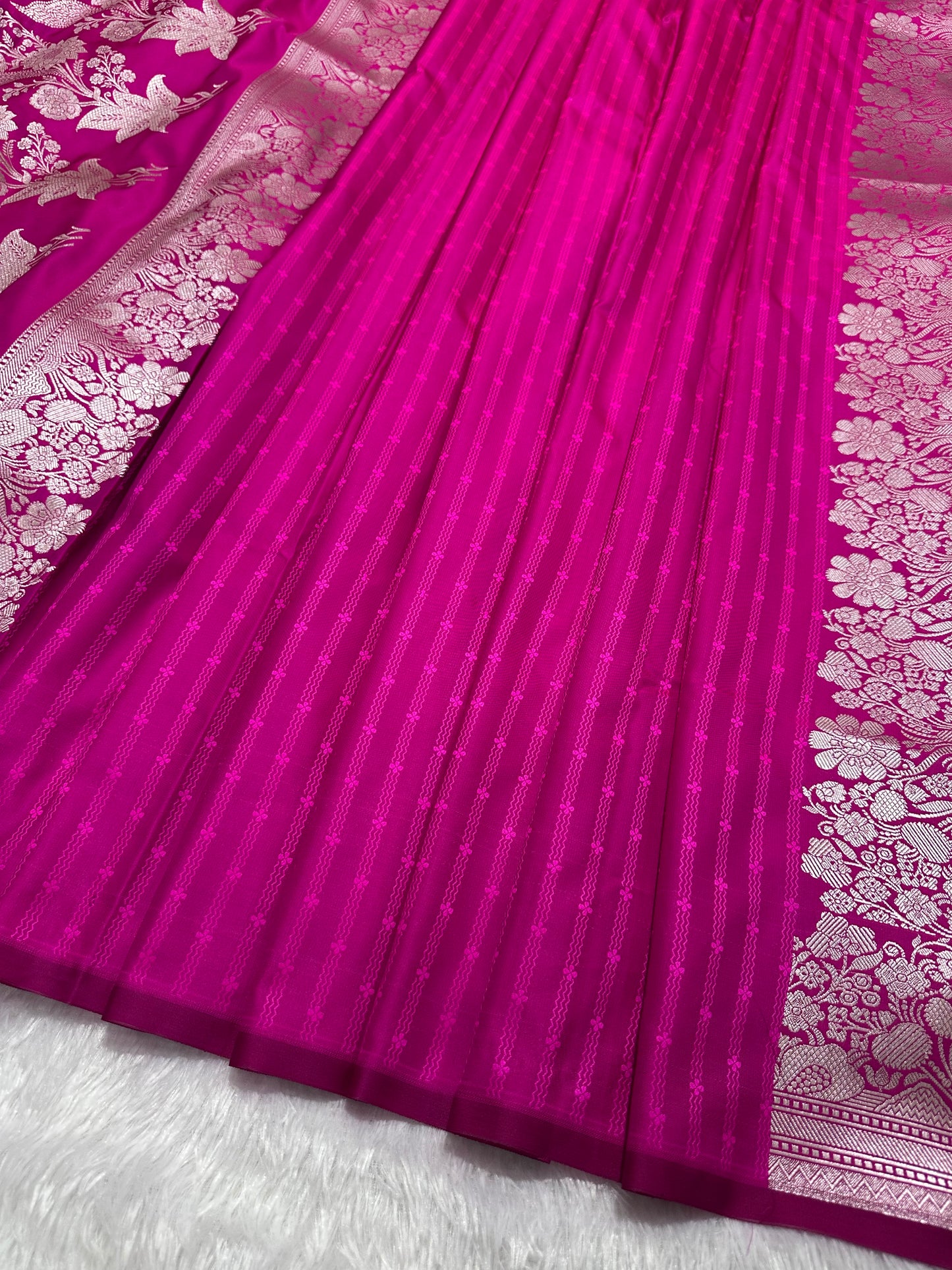 Magenta Pink Katan Silk Banarasi Saree with Fine Antique Copper Zari Arch-Bell Jhallar Border
