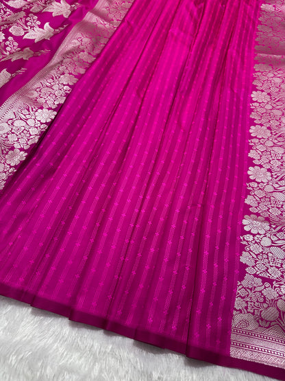 Magenta Pink Katan Silk Banarasi Saree with Fine Antique Copper Zari Arch-Bell Jhallar Border