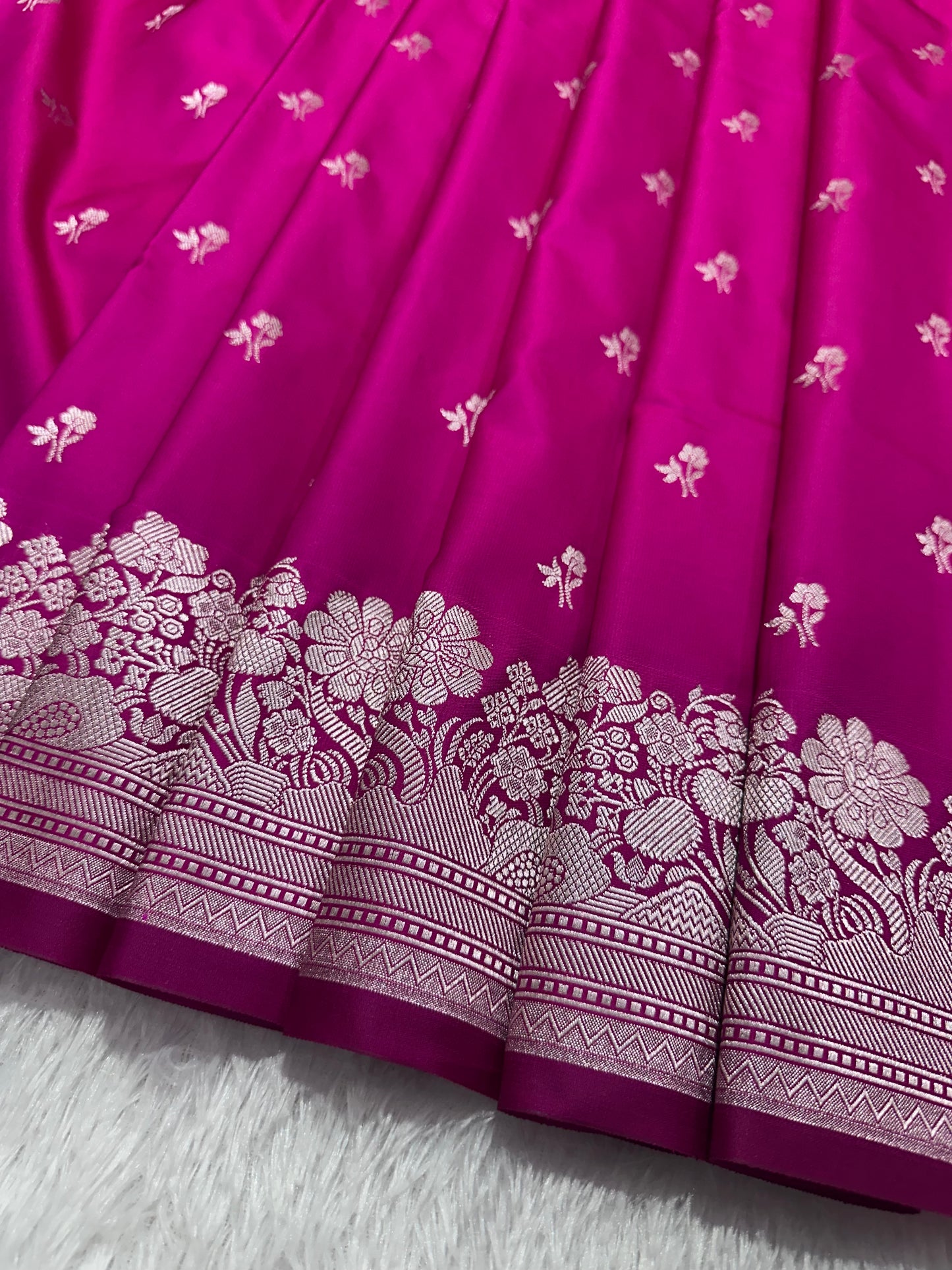 Magenta Pink Katan Silk Banarasi Saree with Fine Antique Copper Zari Arch-Bell Jhallar Border