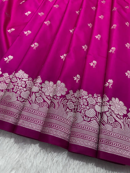 Magenta Pink Katan Silk Banarasi Saree with Fine Antique Copper Zari Arch-Bell Jhallar Border
