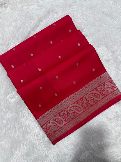 Crimson Red Katan Silk Banarasi Saree with Heritage Copper Zari Kalka Bel Border and Shimmering Micro-Butis