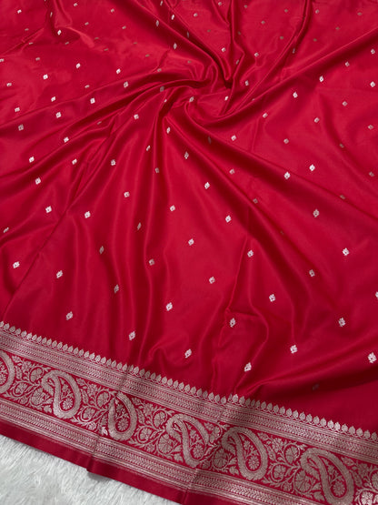 Crimson Red Katan Silk Banarasi Saree with Heritage Copper Zari Kalka Bel Border and Shimmering Micro-Butis