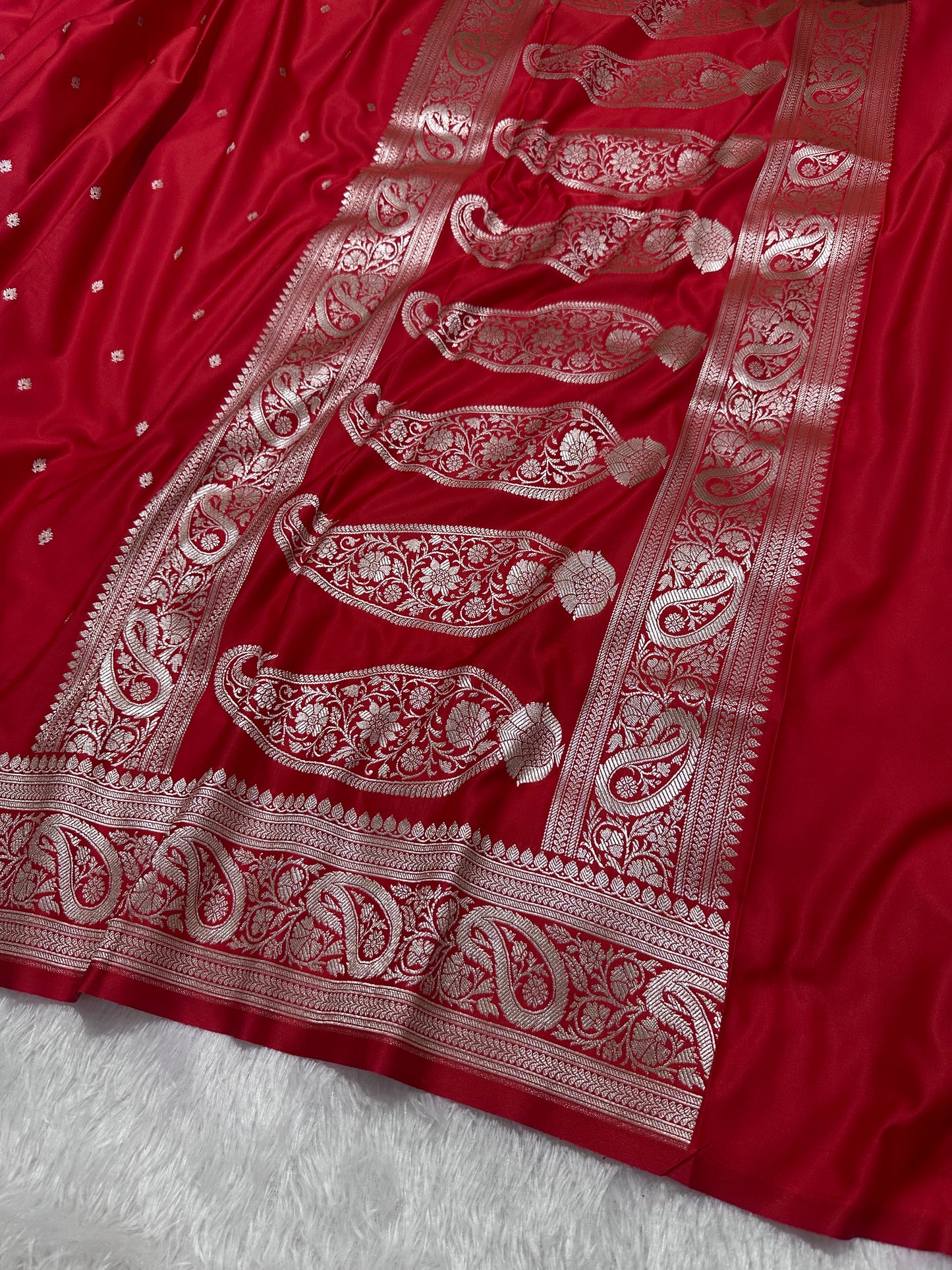 Crimson Red Katan Silk Banarasi Saree with Heritage Copper Zari Kalka Bel Border and Shimmering Micro-Butis