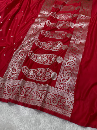 Crimson Red Katan Silk Banarasi Saree with Heritage Copper Zari Kalka Bel Border and Shimmering Micro-Butis