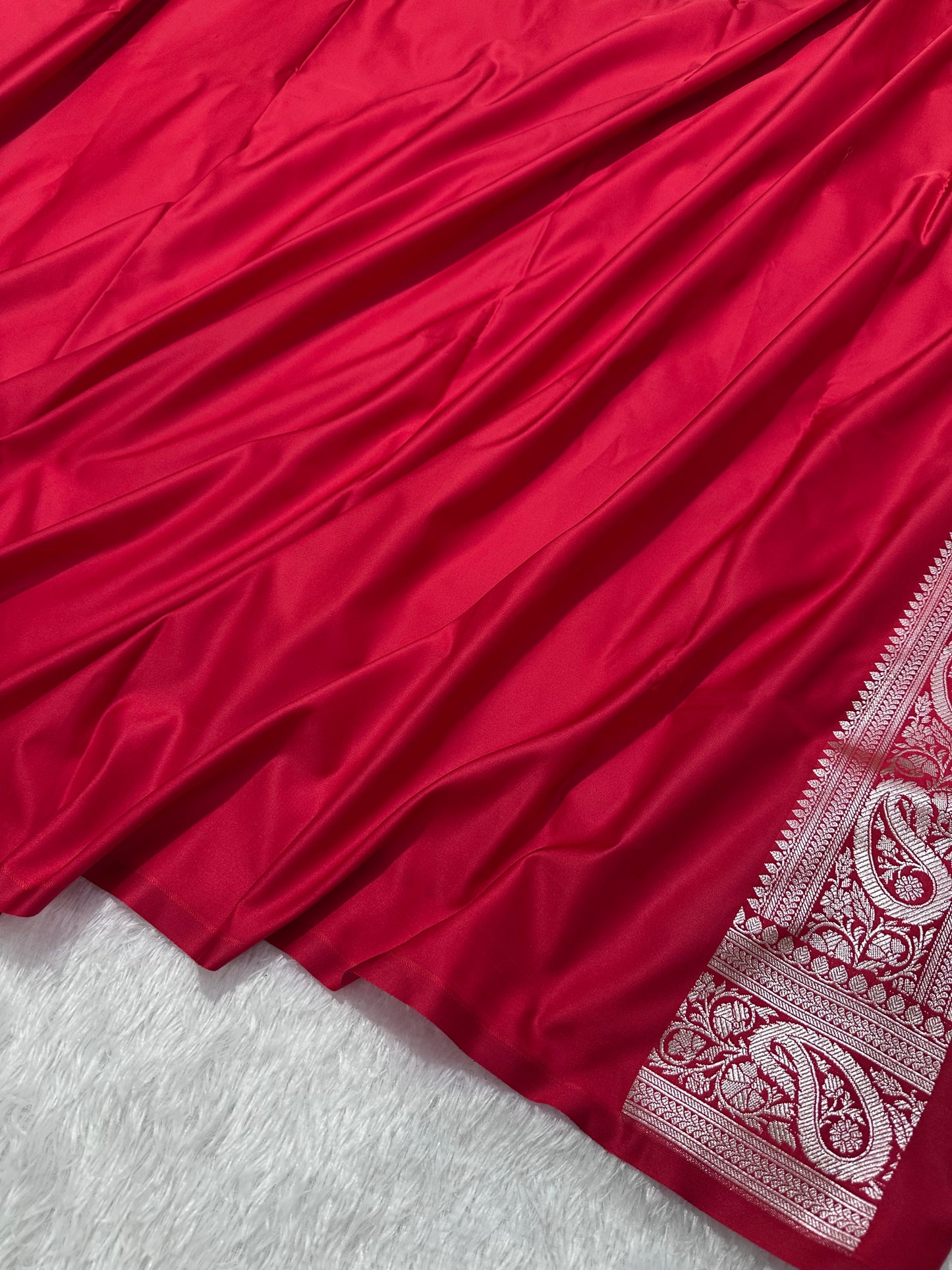 Crimson Red Katan Silk Banarasi Saree with Heritage Copper Zari Kalka Bel Border and Shimmering Micro-Butis