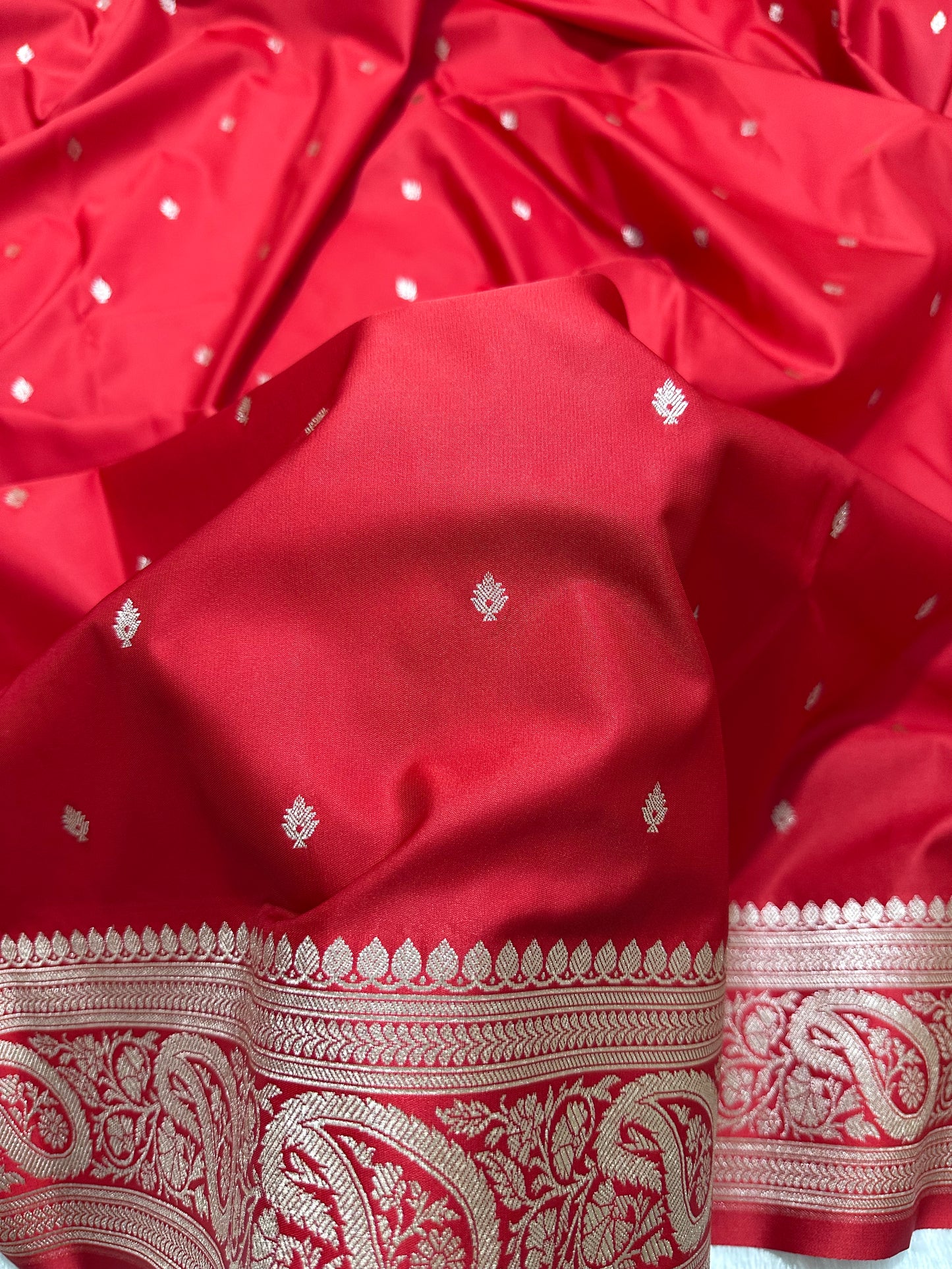 Crimson Red Katan Silk Banarasi Saree with Heritage Copper Zari Kalka Bel Border and Shimmering Micro-Butis