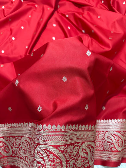 Crimson Red Katan Silk Banarasi Saree with Heritage Copper Zari Kalka Bel Border and Shimmering Micro-Butis
