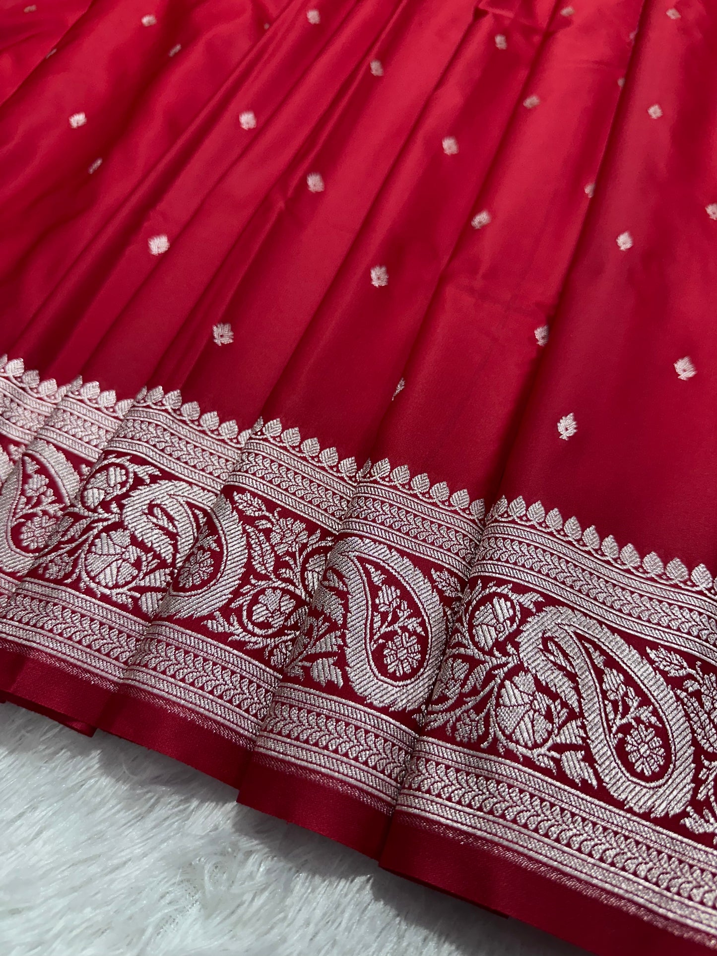 Crimson Red Katan Silk Banarasi Saree with Heritage Copper Zari Kalka Bel Border and Shimmering Micro-Butis