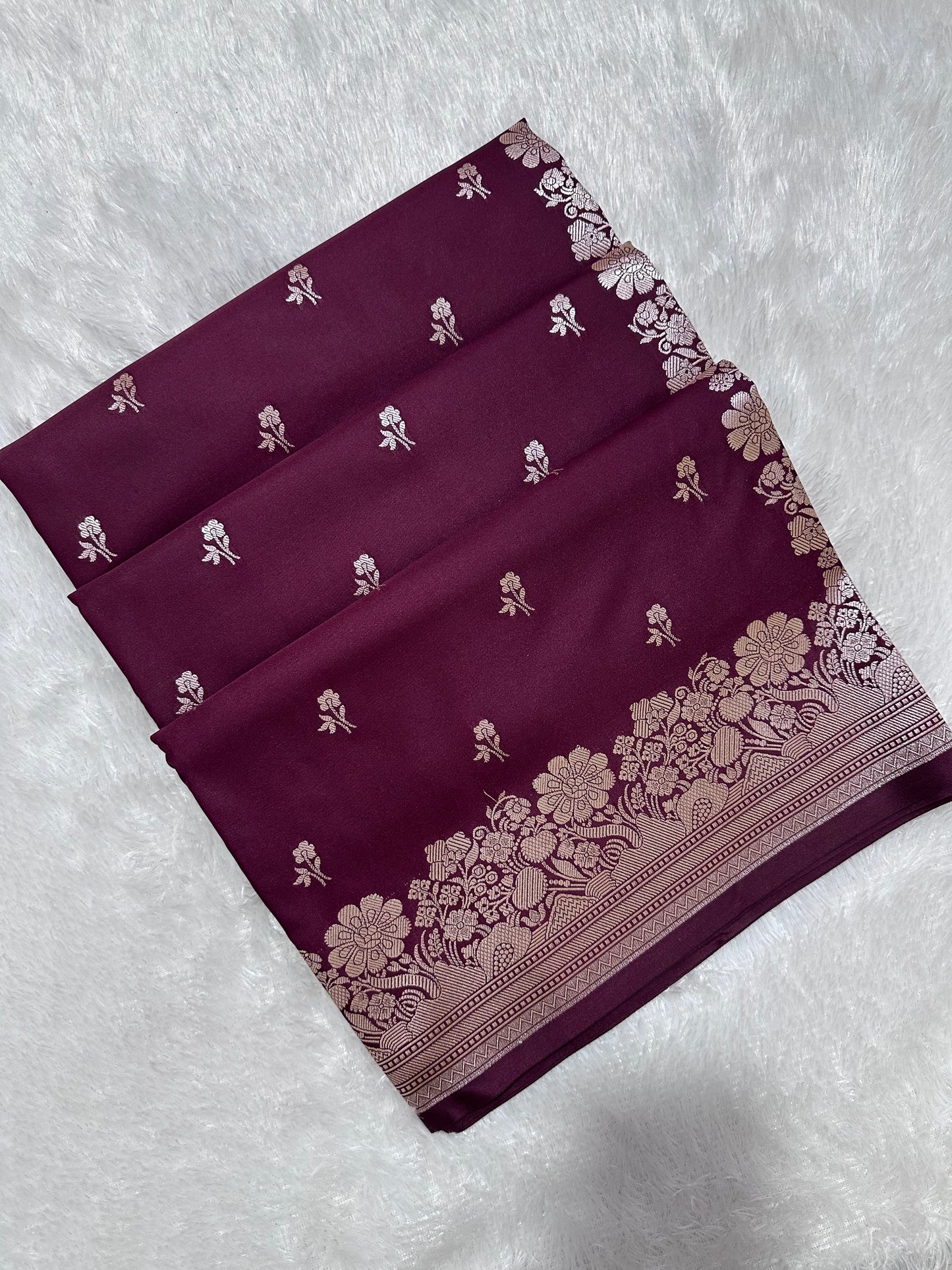 Deep Wine Katan Silk Banarasi Saree with Fine Antique Copper Zari Arch-Bell Jhallar Border