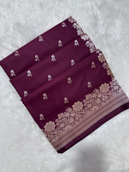 Deep Wine Katan Silk Banarasi Saree with Fine Antique Copper Zari Arch-Bell Jhallar Border