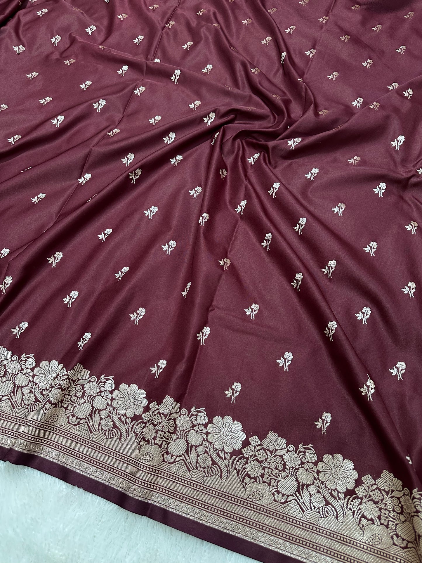 Deep Wine Katan Silk Banarasi Saree with Fine Antique Copper Zari Arch-Bell Jhallar Border