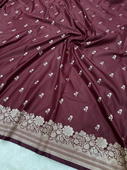 Deep Wine Katan Silk Banarasi Saree with Fine Antique Copper Zari Arch-Bell Jhallar Border