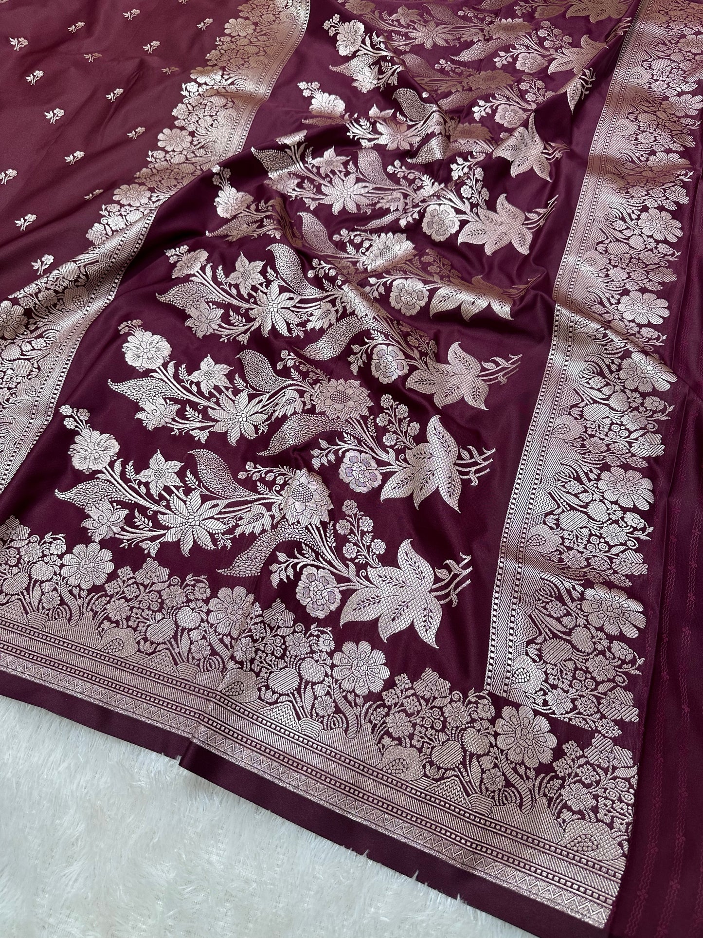 Deep Wine Katan Silk Banarasi Saree with Fine Antique Copper Zari Arch-Bell Jhallar Border
