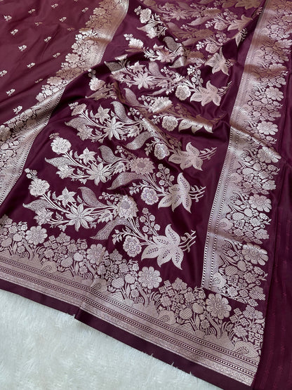 Deep Wine Katan Silk Banarasi Saree with Fine Antique Copper Zari Arch-Bell Jhallar Border