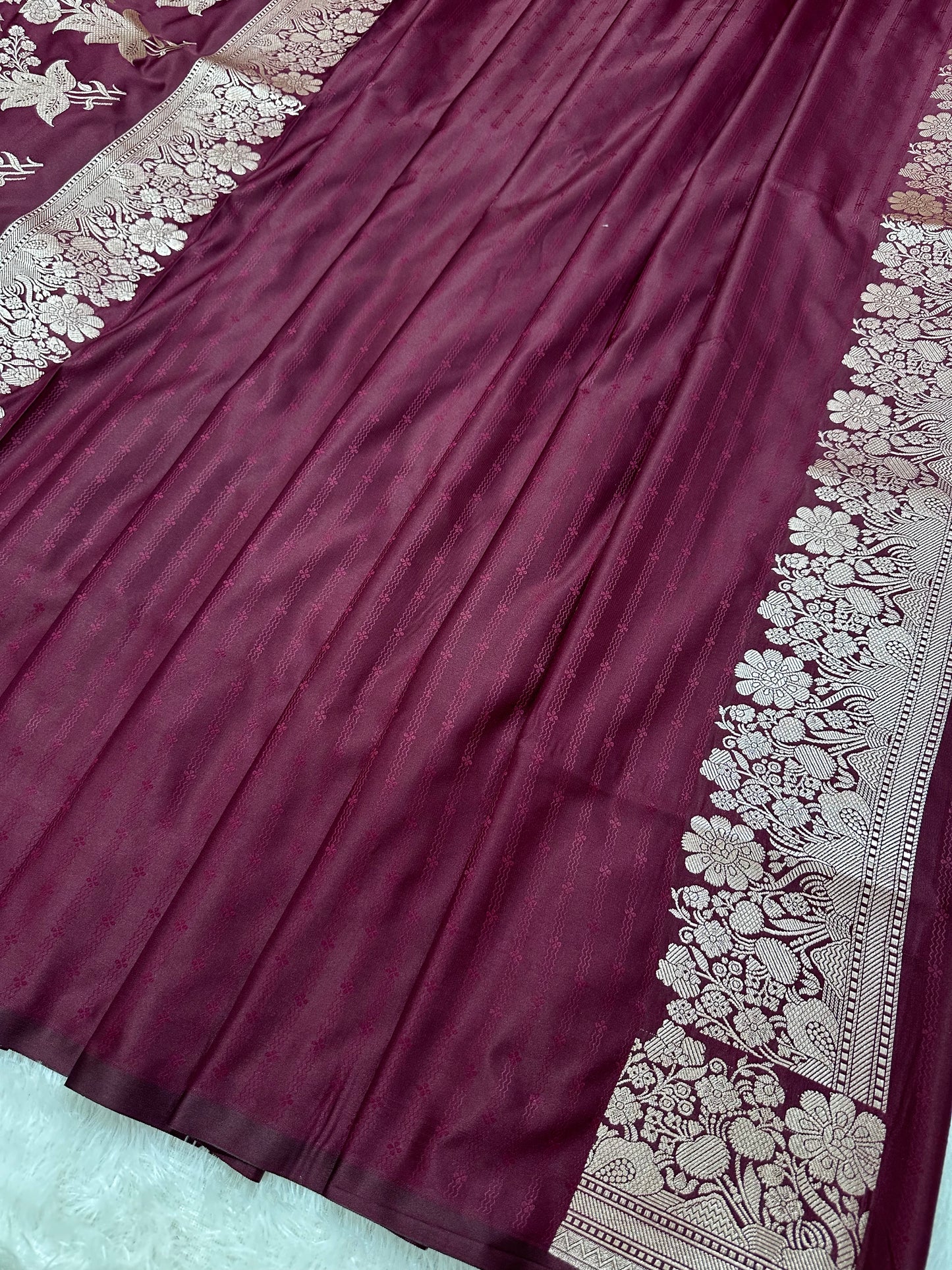Deep Wine Katan Silk Banarasi Saree with Fine Antique Copper Zari Arch-Bell Jhallar Border