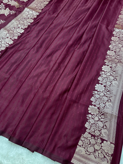 Deep Wine Katan Silk Banarasi Saree with Fine Antique Copper Zari Arch-Bell Jhallar Border