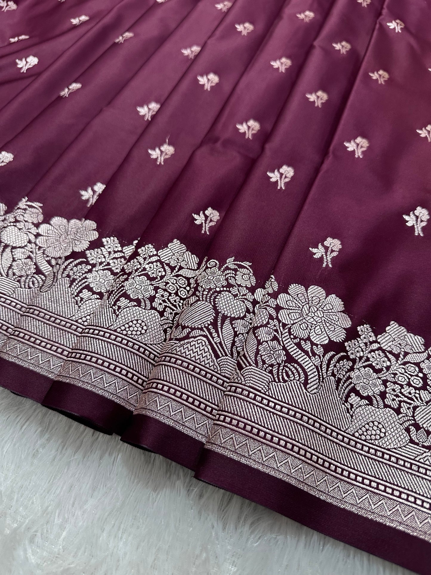 Deep Wine Katan Silk Banarasi Saree with Fine Antique Copper Zari Arch-Bell Jhallar Border