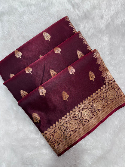 Garnet Satin Silk Banarasi Saree with Royal Guldasta Chakra Border and Bold Gold Panna Butis