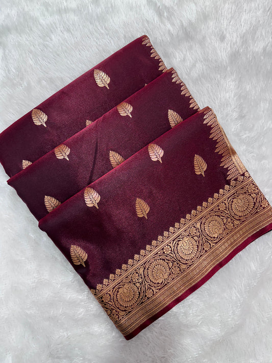 Garnet Satin Silk Banarasi Saree with Royal Guldasta Chakra Border and Bold Gold Panna Butis