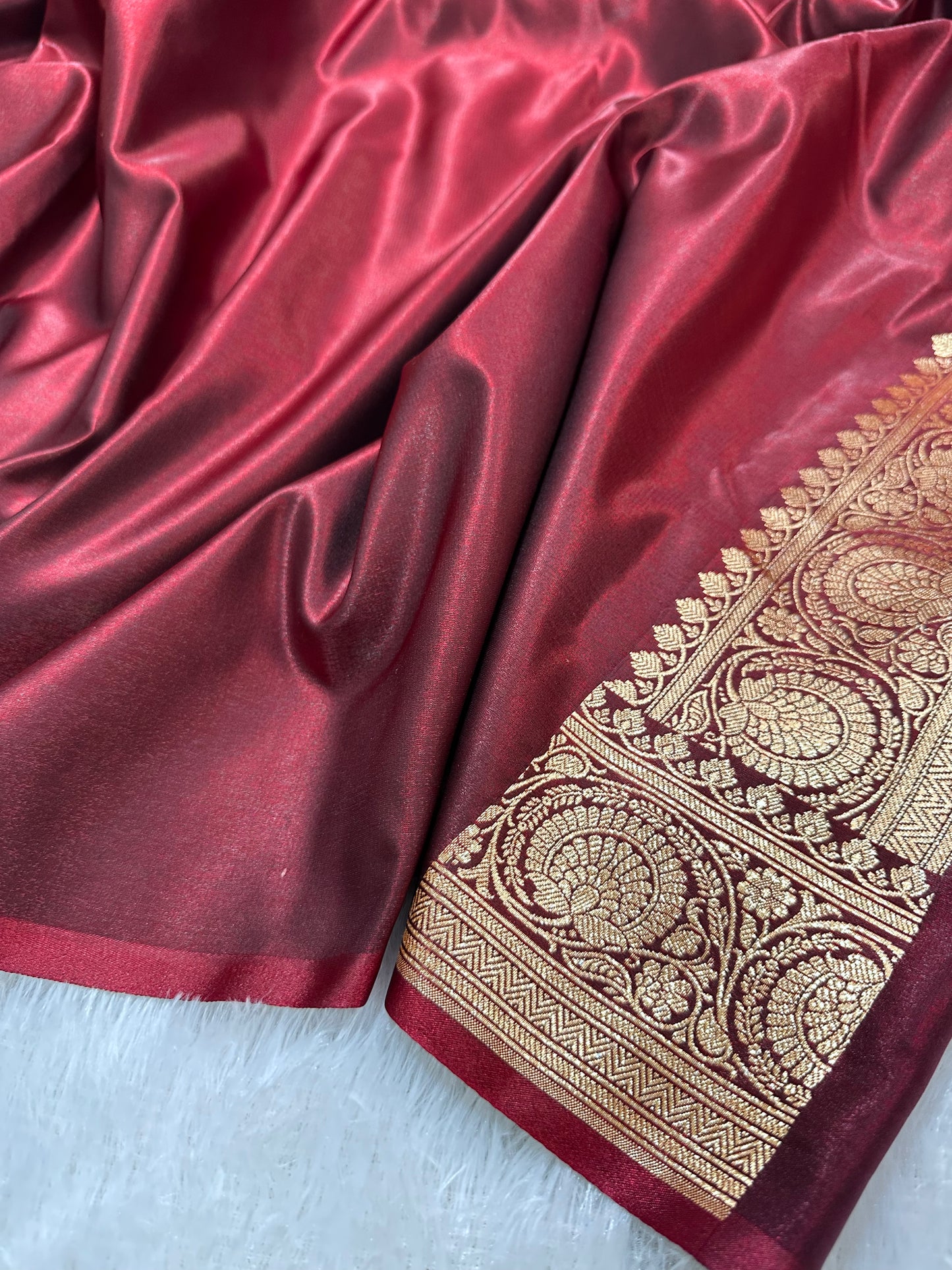 Garnet Satin Silk Banarasi Saree with Royal Guldasta Chakra Border and Bold Gold Panna Butis