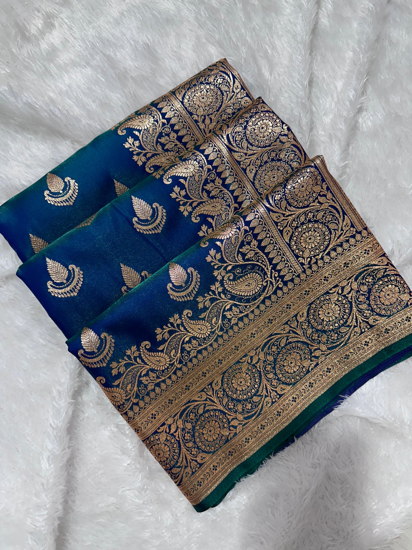 Peacock Dual-Tone Satin Silk Banarasi Saree with Royal Guldasta Chakra Border and Bold Gold Panna Butis
