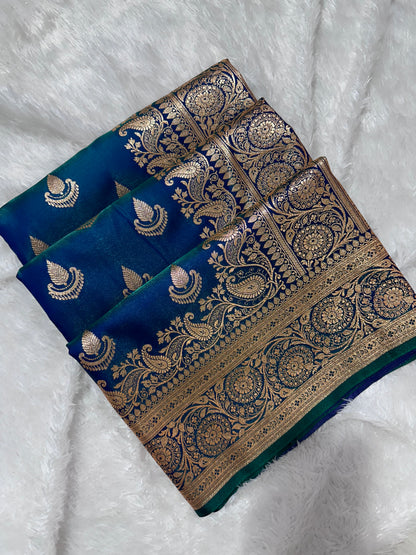 Peacock Dual-Tone Satin Silk Banarasi Saree with Royal Guldasta Chakra Border and Bold Gold Panna Butis