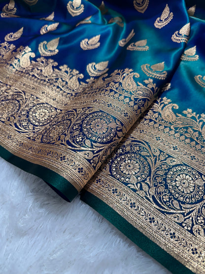 Peacock Dual-Tone Satin Silk Banarasi Saree with Royal Guldasta Chakra Border and Bold Gold Panna Butis